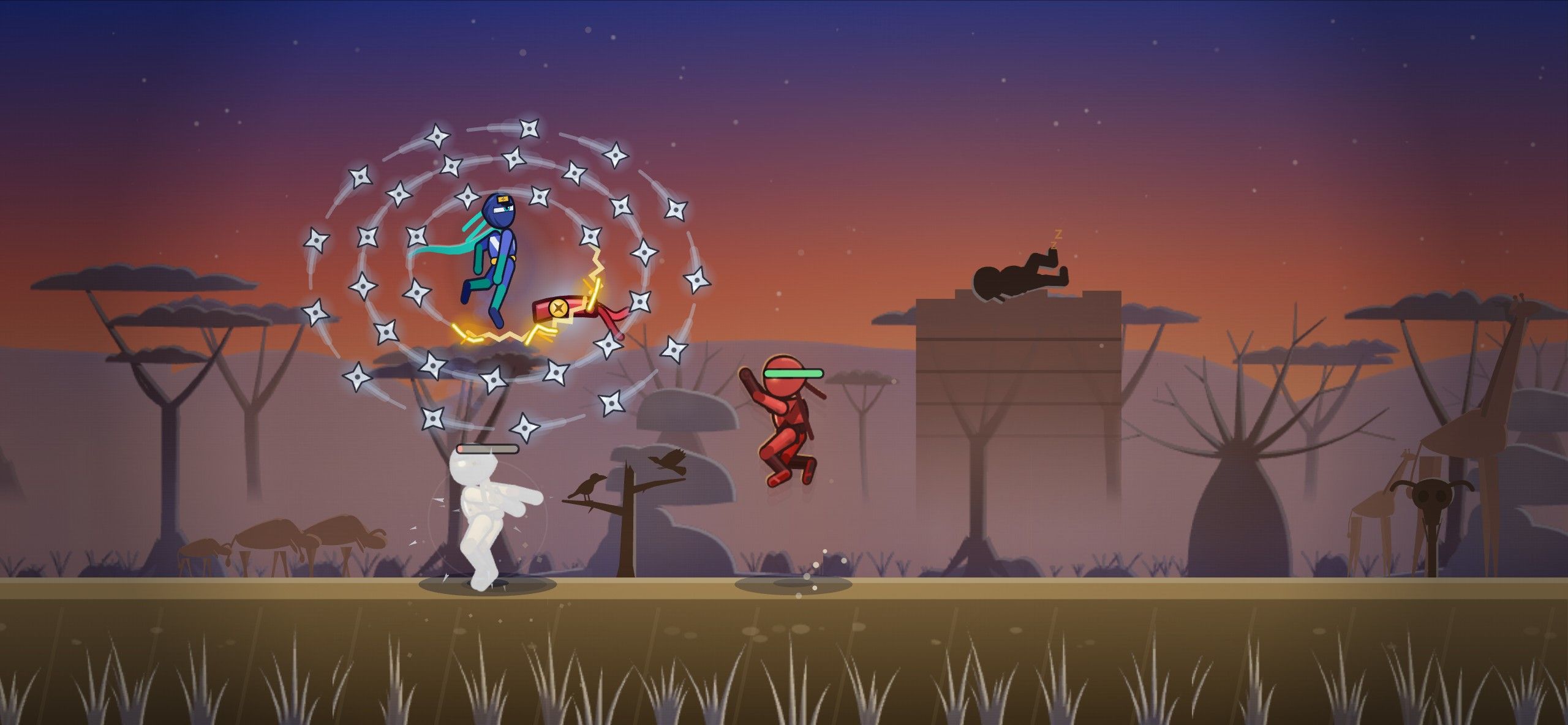 La nuée de shurikens autour du ninja dans la savane, sous un ciel orange.